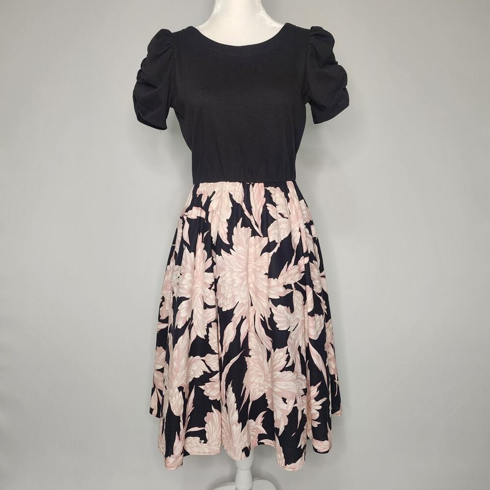 Vintage 1980's Black & Pink Puff Sleeve Dress